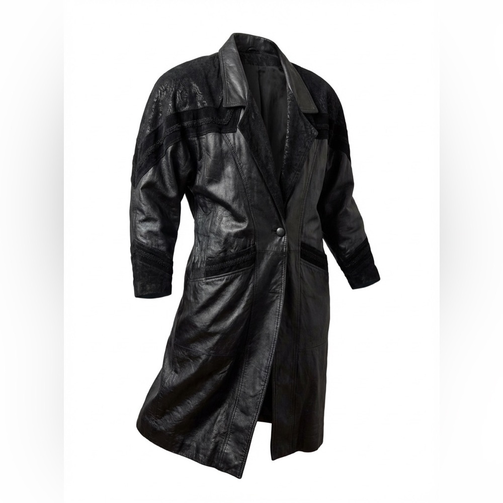 Vintage Springwest Women's Full Length Black Leather Trench Coat Size‎ L P2P 23”
